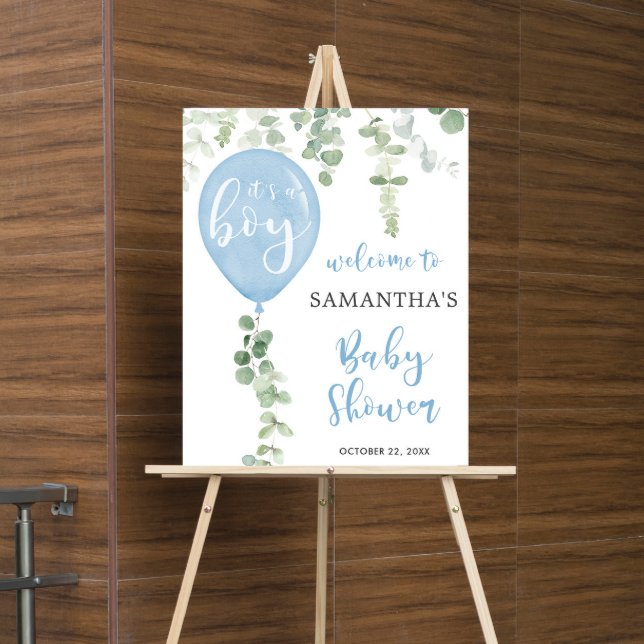 Blue balloon eucalyptus baby shower welcome sign (Creator Uploaded)