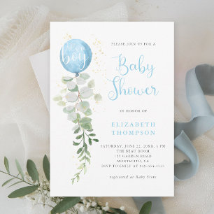 Blue Balloon Eucalyptus Elegant Boy Baby Shower Invitation