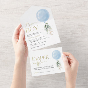 Blue Balloon, Eucalyptus, Greenery, Baby Shower All In One Invitation