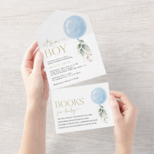 Blue Balloon, Eucalyptus, Greenery, Baby Shower All In One Invitation