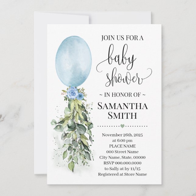 Blue Balloon Eucalyptus greenery baby shower Invitation (Front)