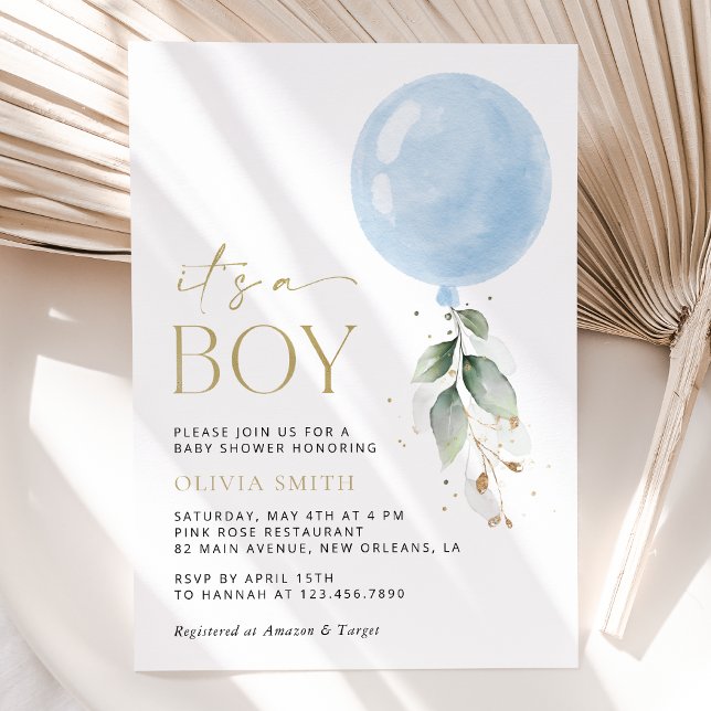 Blue Balloon, Eucalyptus, Greenery, Baby Shower Invitation (Creator Uploaded)