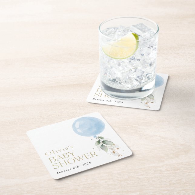 Blue Balloon, Eucalyptus, Greenery, Baby Shower Square Paper Coaster (Insitu)