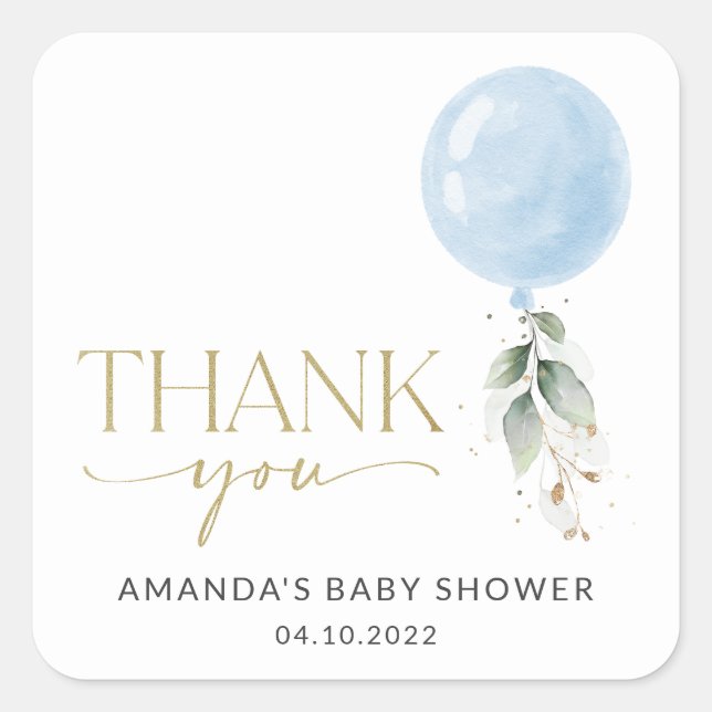 Blue Balloon, Eucalyptus, Greenery, Baby Shower Square Sticker (Front)