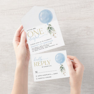 Blue Balloon, Eucalyptus, Greenery, First Birthday All In One Invitation