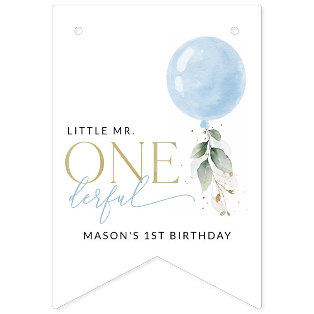 Blue Balloon, Eucalyptus, Greenery, First Birthday Bunting (First Flag)