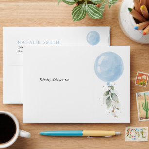 Blue Balloon, Eucalyptus, Greenery, First Birthday Envelope