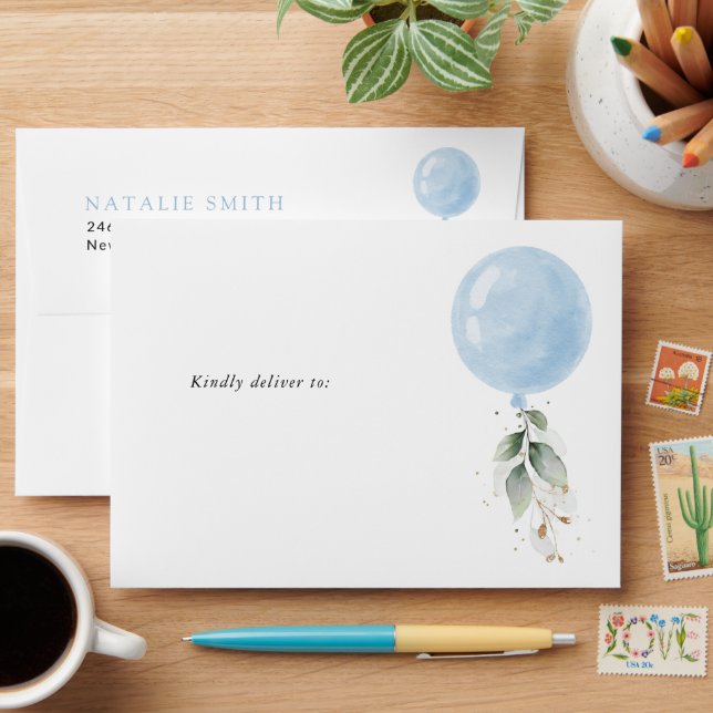 Blue Balloon, Eucalyptus, Greenery, First Birthday Envelope (Desk)