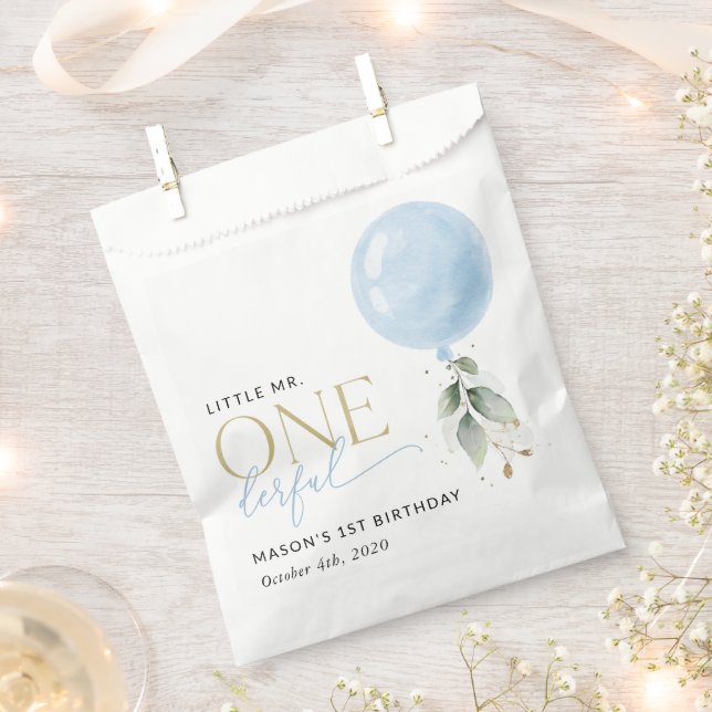 Blue Balloon, Eucalyptus, Greenery, First Birthday Favour Bags (Clipped)