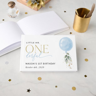 Blue Balloon, Eucalyptus, Greenery, First Birthday Guest Book