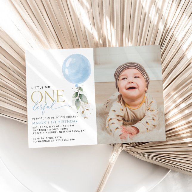 Blue Balloon, Eucalyptus, Greenery, First Birthday Invitation (Creator Uploaded)