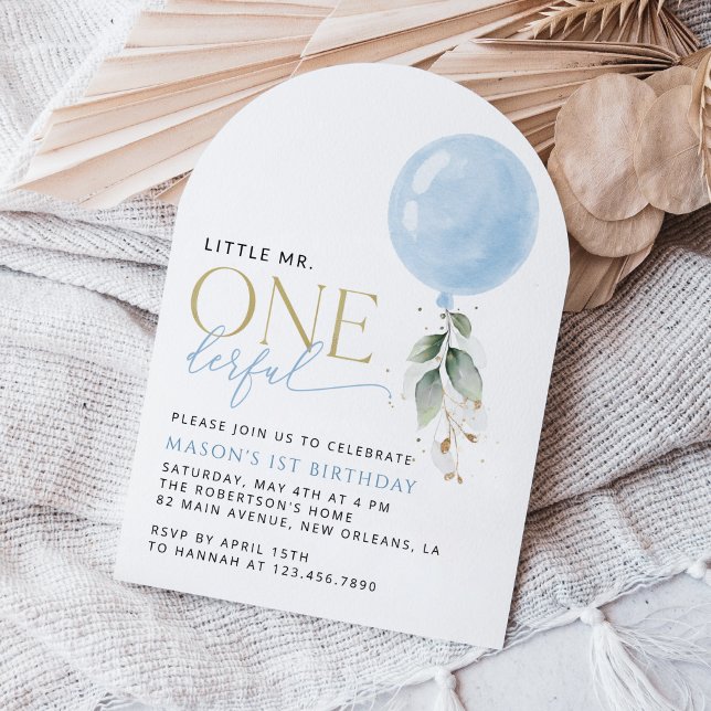 Blue Balloon, Eucalyptus, Greenery, First Birthday Invitation (Creator Uploaded)
