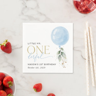 Blue Balloon, Eucalyptus, Greenery, First Birthday Napkin