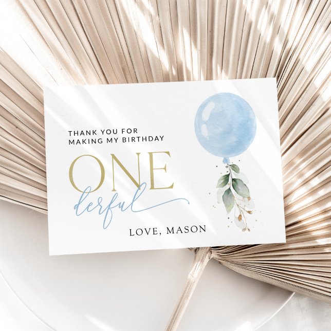 Blue Balloon, Eucalyptus, Greenery, First Birthday Thank You Card (Creator Uploaded)