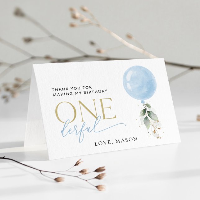 Blue Balloon, Eucalyptus, Greenery, First Birthday Thank You Card (Creator Uploaded)