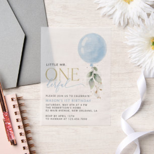 Blue Balloon, Eucalyptus, Greenery, First Birthday Vellum Invitations
