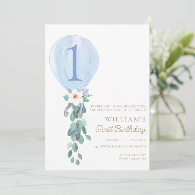 Blue Balloon First Birthday  Invitation (Standing Front)