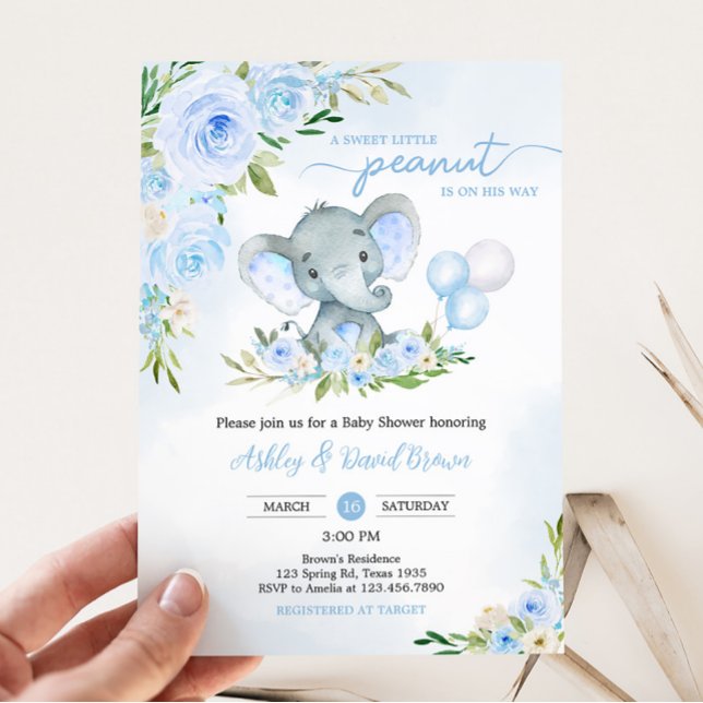 Blue Balloon Floral Elephant Baby Shower Invitation (Boy Elephant Balloon Baby Shower Invitation)