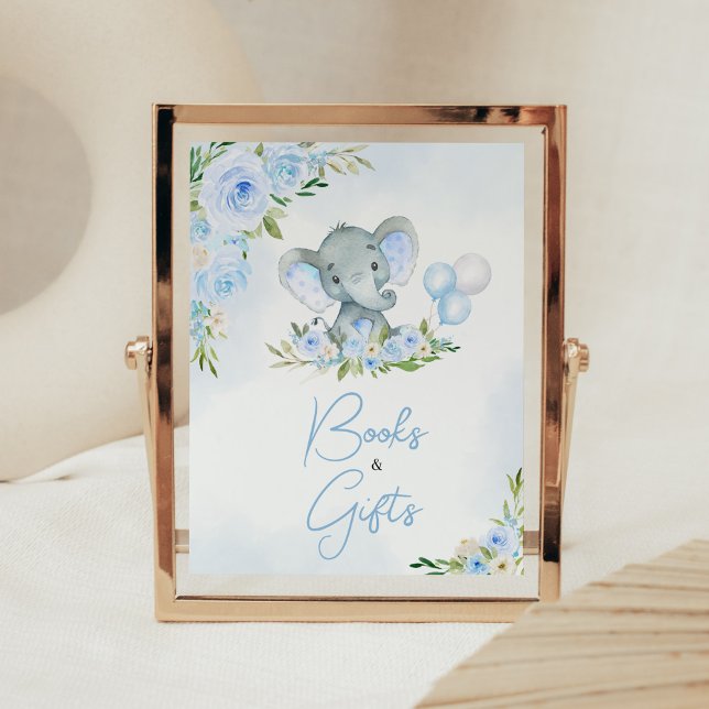 Blue Balloon Floral Elephant Books and Gifts Poster (Boy Elephant Balloon Baby Shower Books and Gifts Sign)