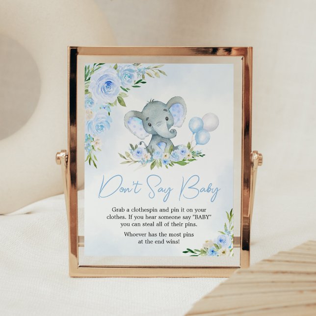 Blue Balloon Floral Elephant Don't Say Baby Poster (Boy Elephant Balloon Baby Shower Don't Say Baby Sign)