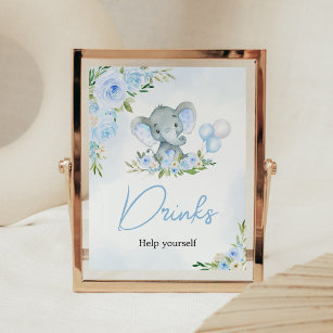 Blue Balloon Floral Elephant Drinks Poster
