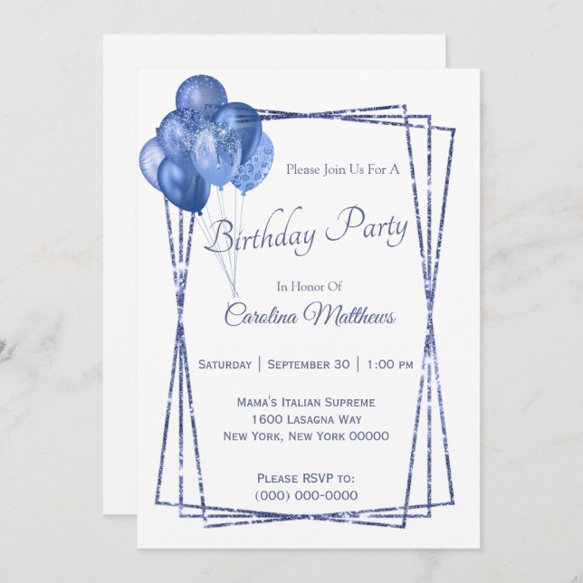 Blue Balloon Glitter Birthday Invitation (Front/Back)