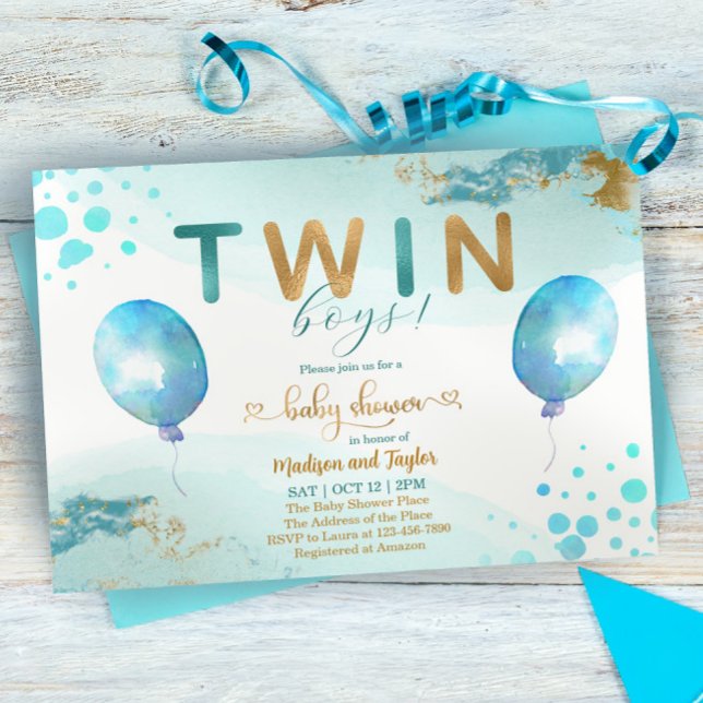 Blue Balloon Gold Twin Boy Baby Shower Invitation (Creator Uploaded)