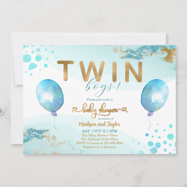 Blue Balloon Gold Twin Boy Baby Shower Invitation (Front)