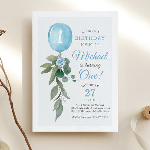 Blue Balloon Greenery Birthday Party Invitation