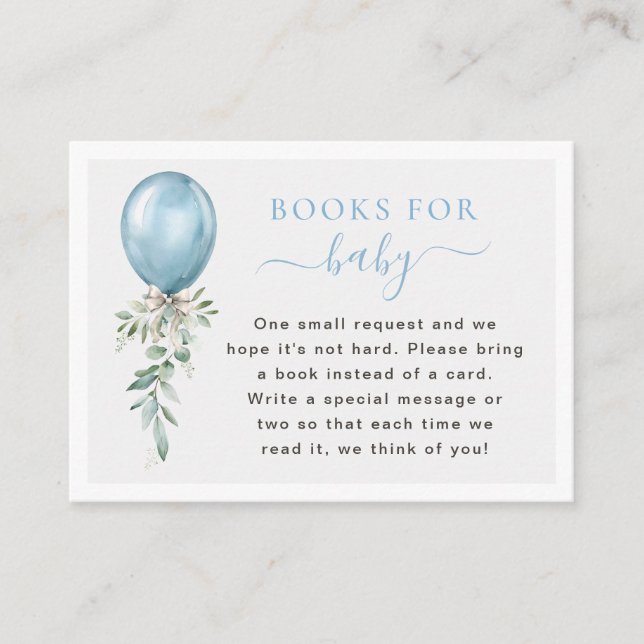 Blue Balloon Greenery Books For Baby Shower Enclosure Card (Front)