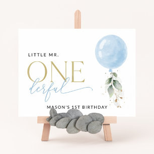 Blue Balloon, Greenery, First Birthday Welcome Poster