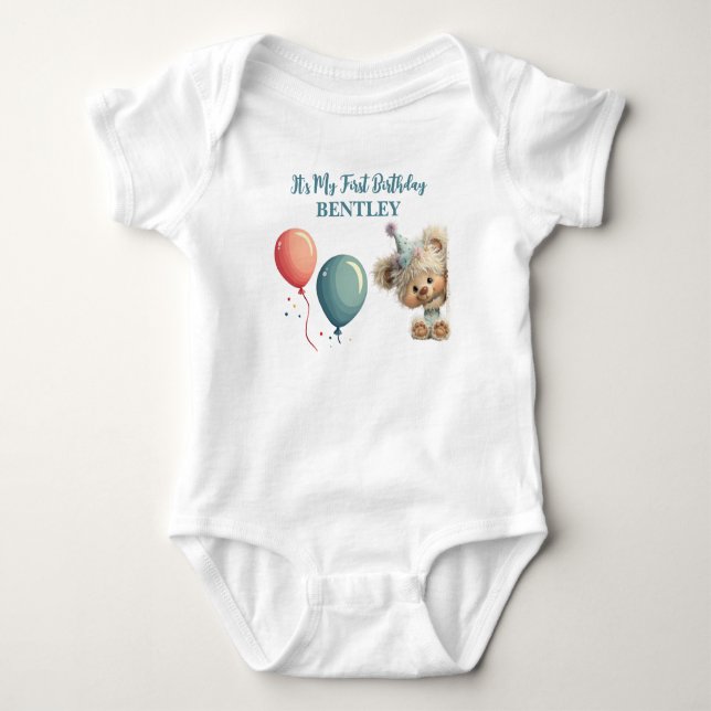 Blue Balloon Hedgehogs Celebration Baby Bodysuit (Front)