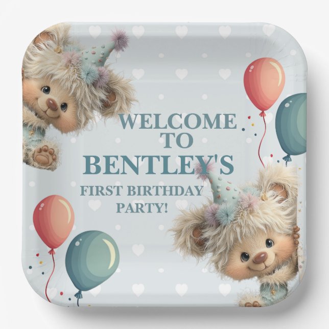 Blue Balloon Hedgehogs Celebration Paper Plate (Front)