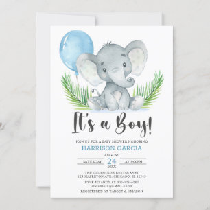 Blue Balloon It's A Boy Cute Elephant Baby Shower  Invitation