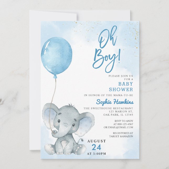 Blue Balloon Oh Boy Elephant Baby Shower Invitation (Front)
