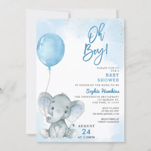 Blue Balloon Oh Boy Elephant Baby Shower Invitation