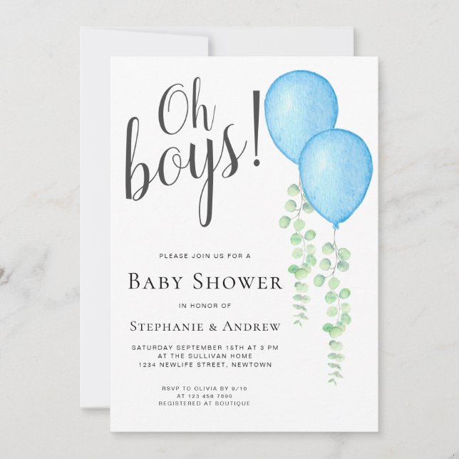 Blue Balloon Oh Boys Couple's Twins Baby Shower  Invitation (Front)