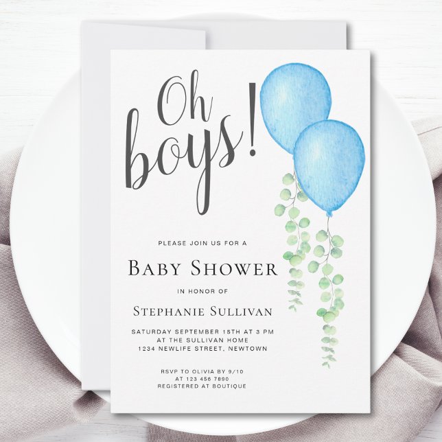 Blue Balloon Oh Boys Twins Baby Shower  Invitation (Creator Uploaded)