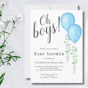 Blue Balloon Oh Boys Twins Baby Shower  Invitation