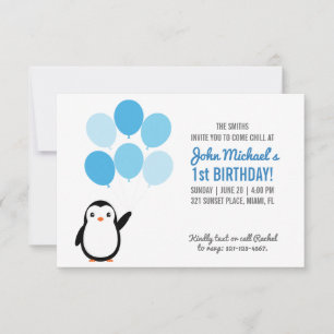 Blue Balloon Penguin Birthday Party Evite or Print Invitation
