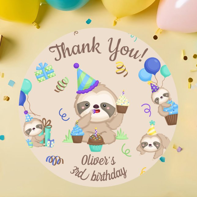 Blue Balloon Sloth Birthday Party Celebration Classic Round Sticker (Creator Uploaded)