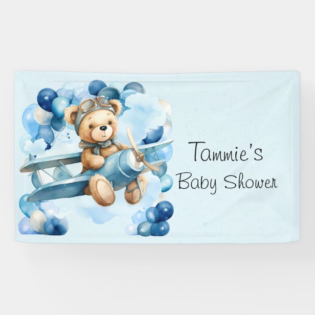Blue Balloon Teddy Bear Aeroplane Boy Baby Shower Banner (Horizontal)