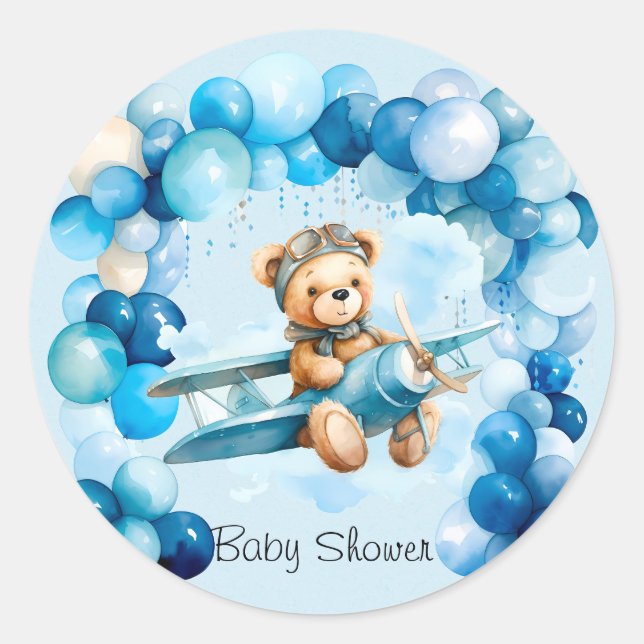 Blue Balloon Teddy Bear Aeroplane Boy Baby Shower Classic Round Sticker (Front)