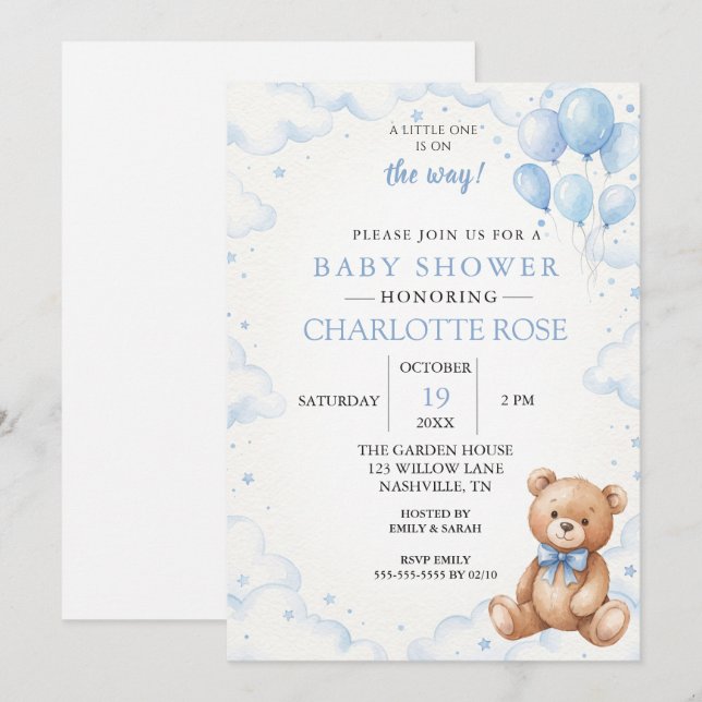 Blue Balloon Teddy Bear Baby Shower Invite (Front/Back)