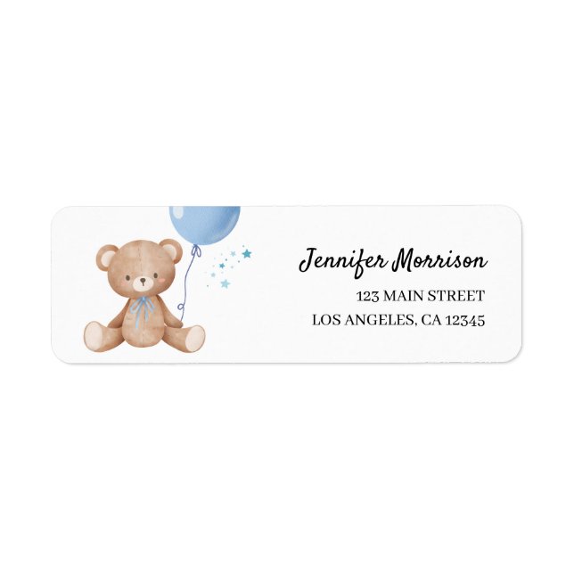 Blue Balloon Teddy Bear Boy Baby Shower Address  (Front)