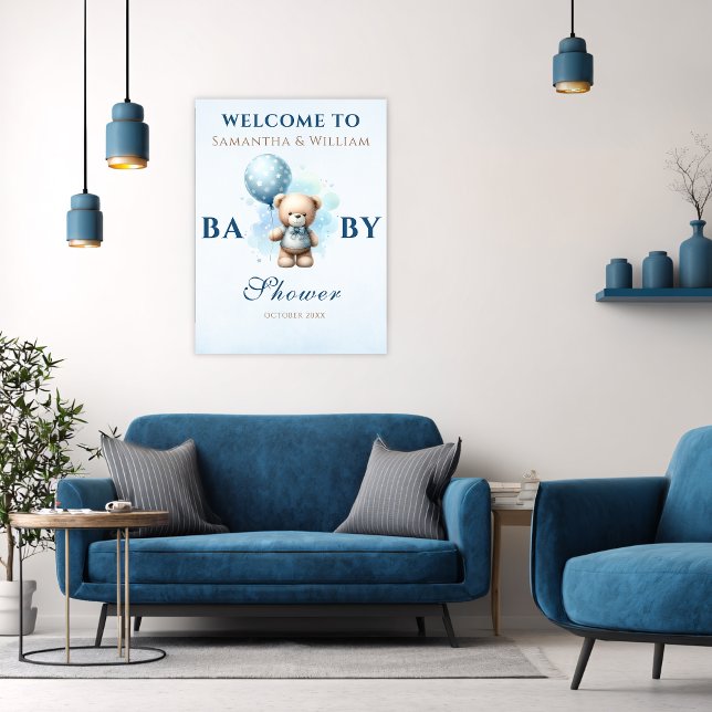 Blue Balloon Teddy Bear Boy Baby Shower Poster (Creator Uploaded)