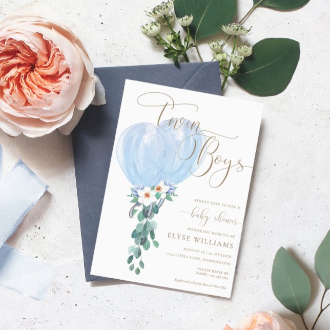 Blue Balloon Twin Boys Baby Shower Invitation (Creator Uploaded)