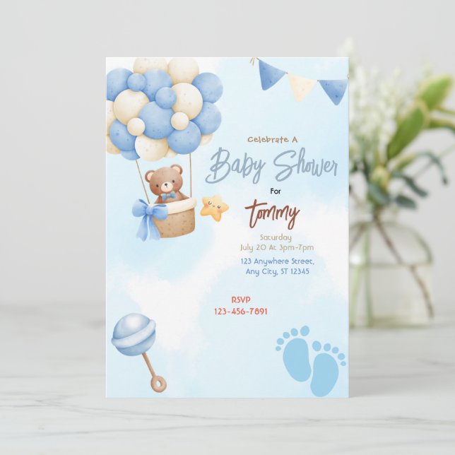 Blue Balloons Baby Shower Invitation (Standing Front)