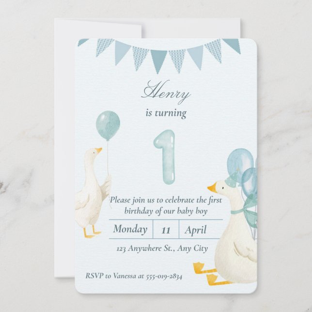 Blue Balloons Boy 1st Birthday Invitation (Front)