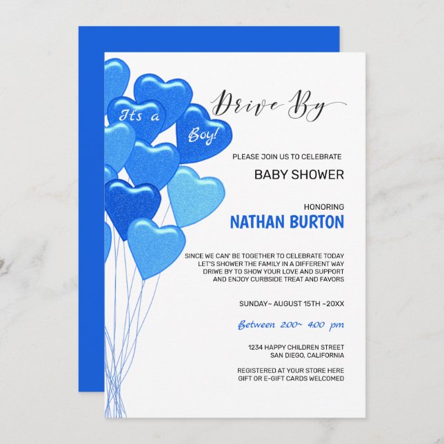 Blue Balloons Drive By Baby Invitation (Front/Back)
